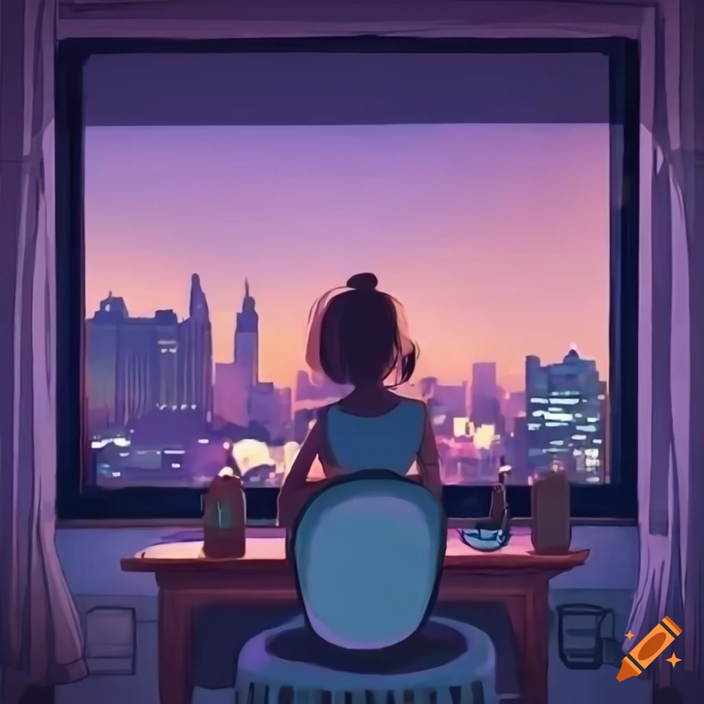 lofi girl sitting at her desk with a view of Philadelphia skyline