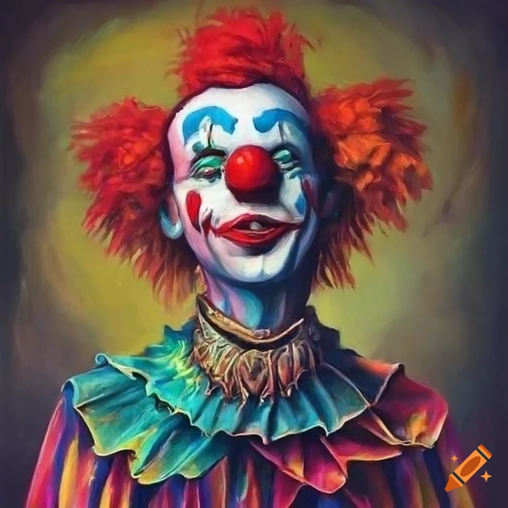 painting of a surrealistic and morbid circus clown with various objects