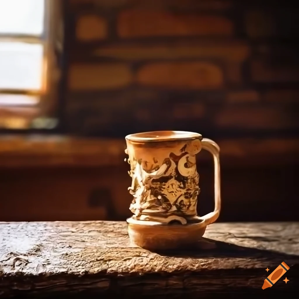 ornate mug on a window ledge in a medieval inn