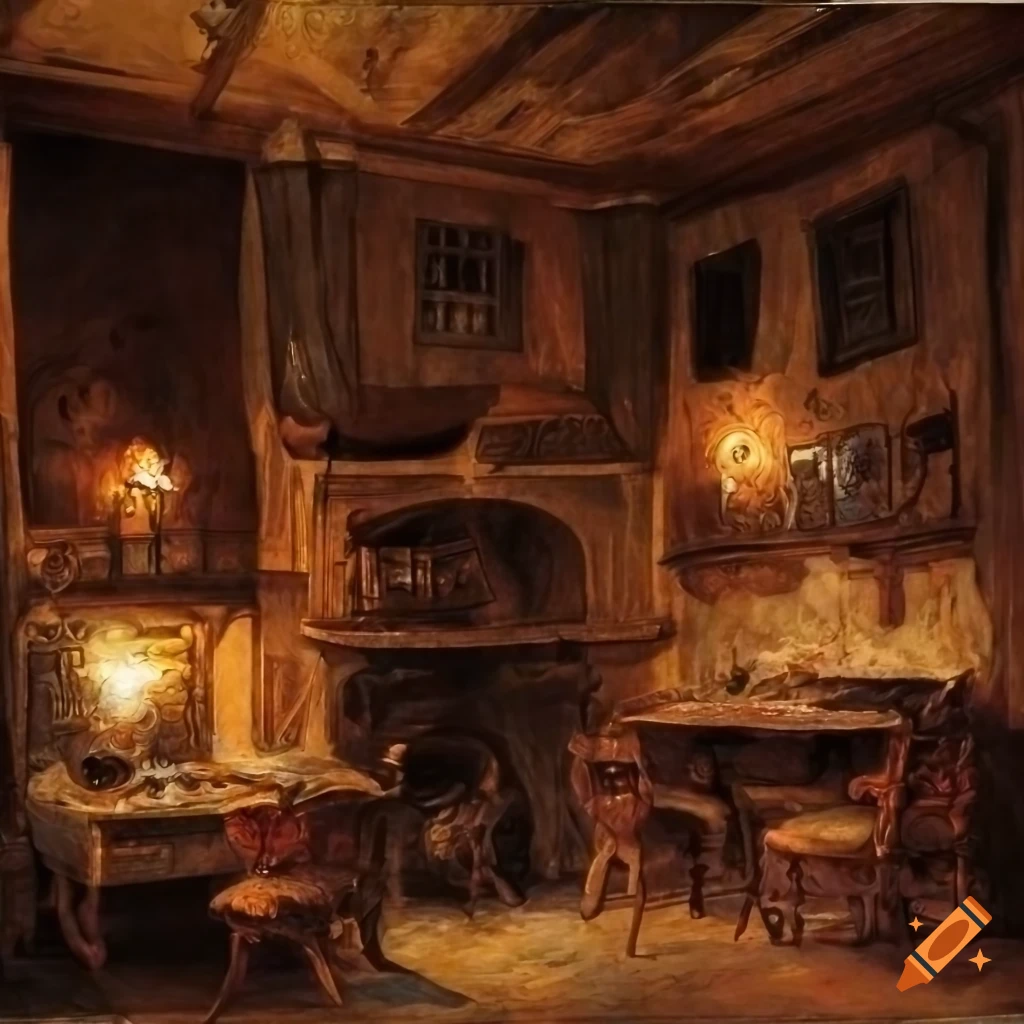 Painting of a medieval inn with a fireplace on Craiyon