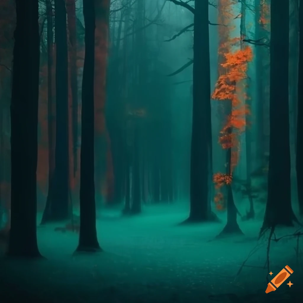dark foggy forest with orange and teal tones