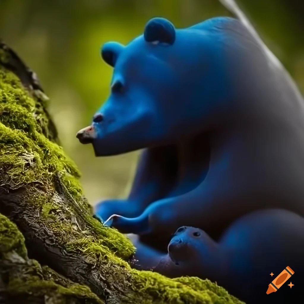 anthropomorphic bear smoking a pipe in a mossy cabin