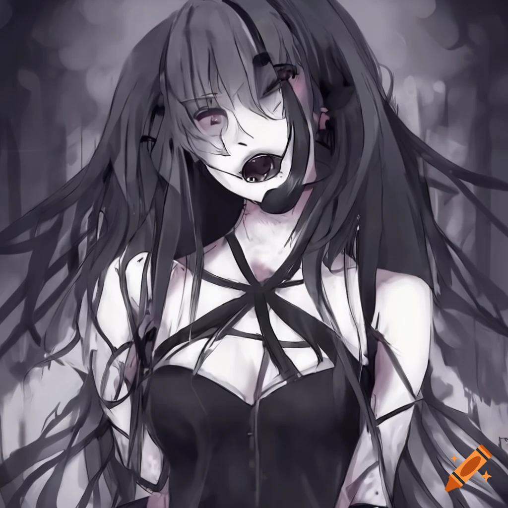 monochrome depiction of an anime girl in black and white dress