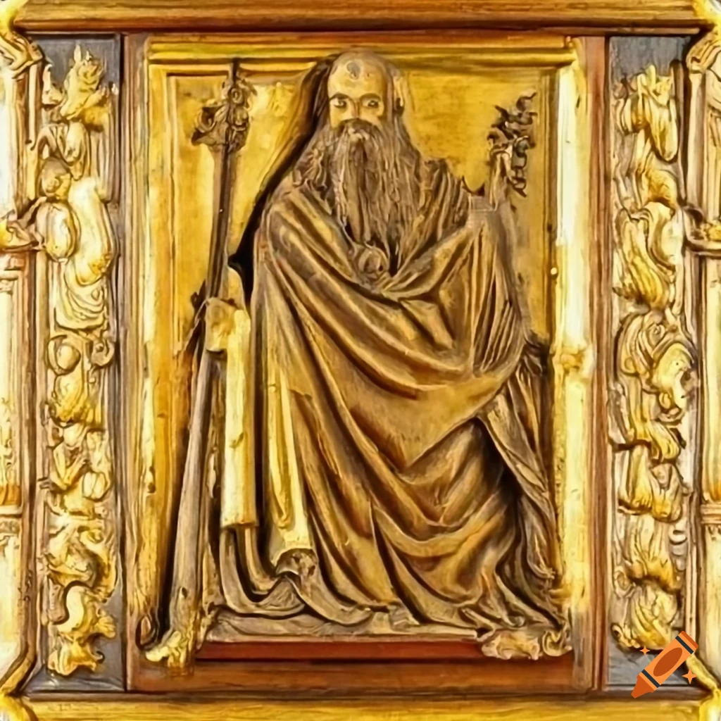 ornate gold relief of an old prophet on wooden wall