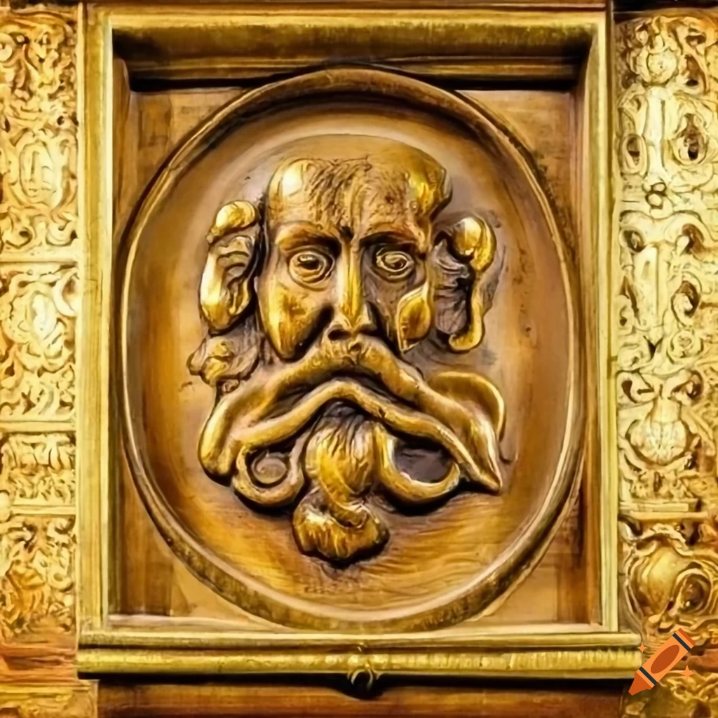 ornate gold relief of an old prophet on wooden wall