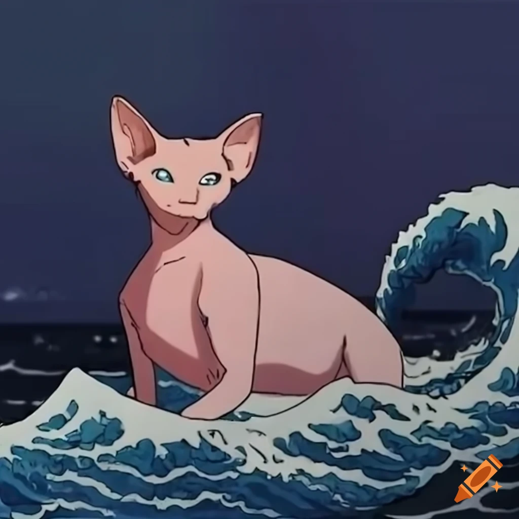 Funny image of a hairless cat surfing with a lobster on Craiyon