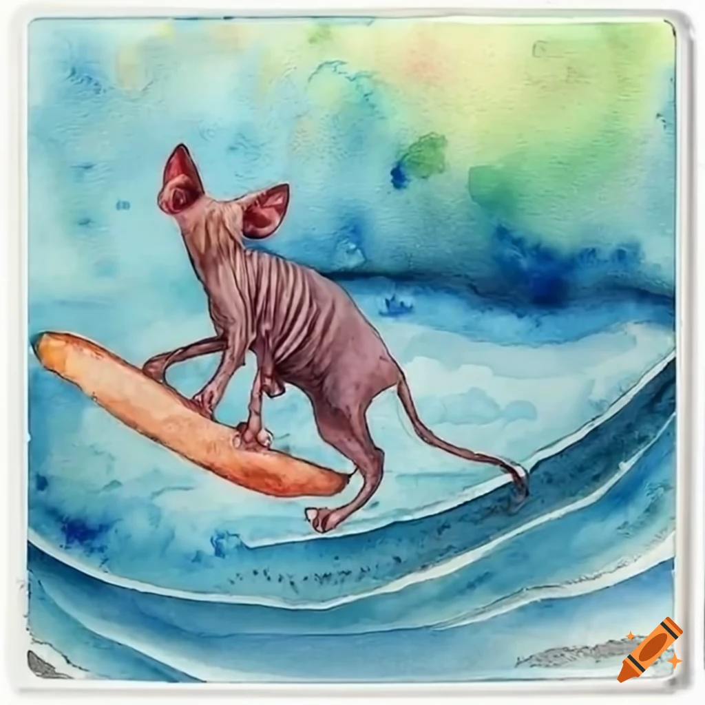 Sphynx cat surfing on a wave on Craiyon