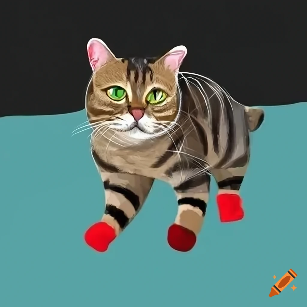 Tabby cat with red socks walking on a coffee table on Craiyon