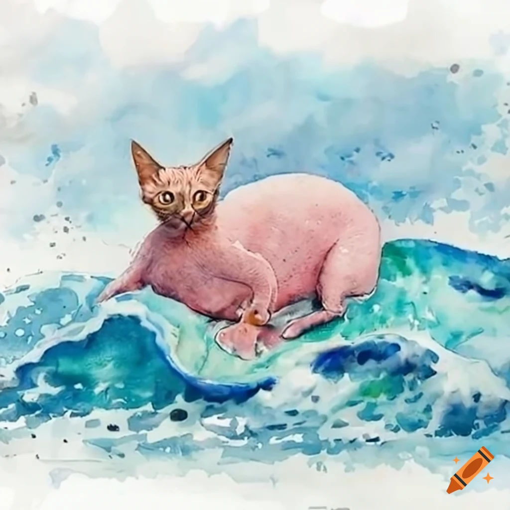 Funny image of a hairless cat surfing with a lobster on Craiyon