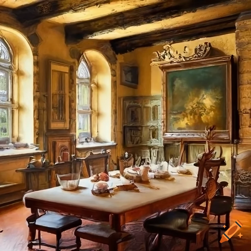 oil painting of a lavishly decorated medieval dining room
