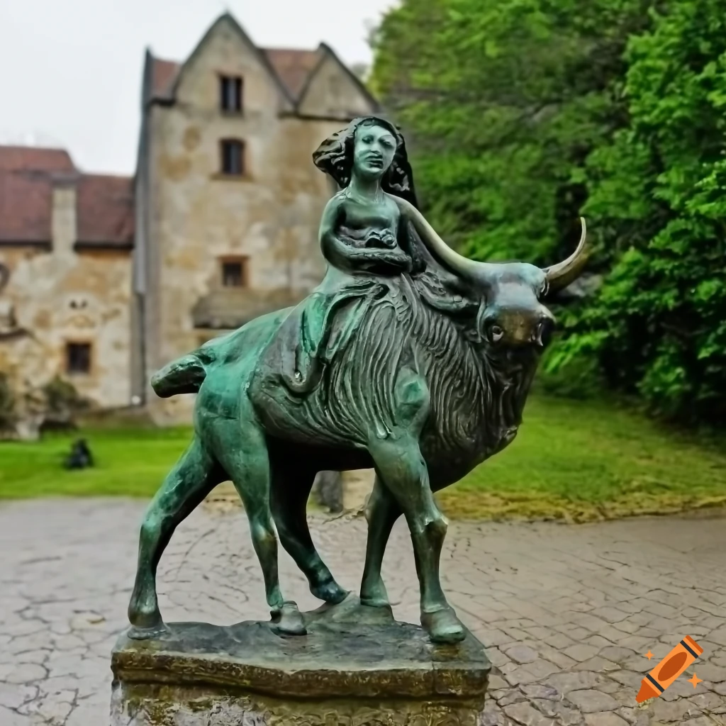 16th century bronze statue of a girl riding a bull on Craiyon