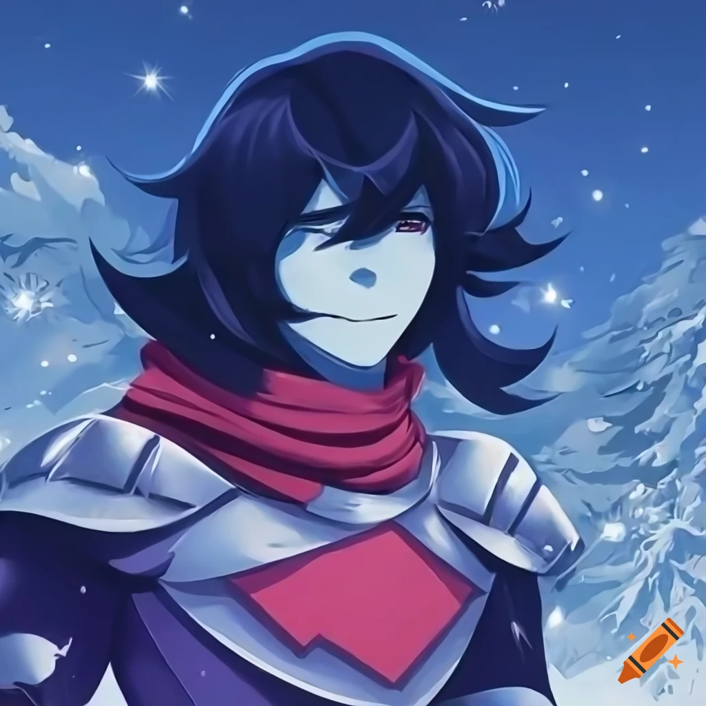 illustration of Kris Deltarune with blue skin and red scarf