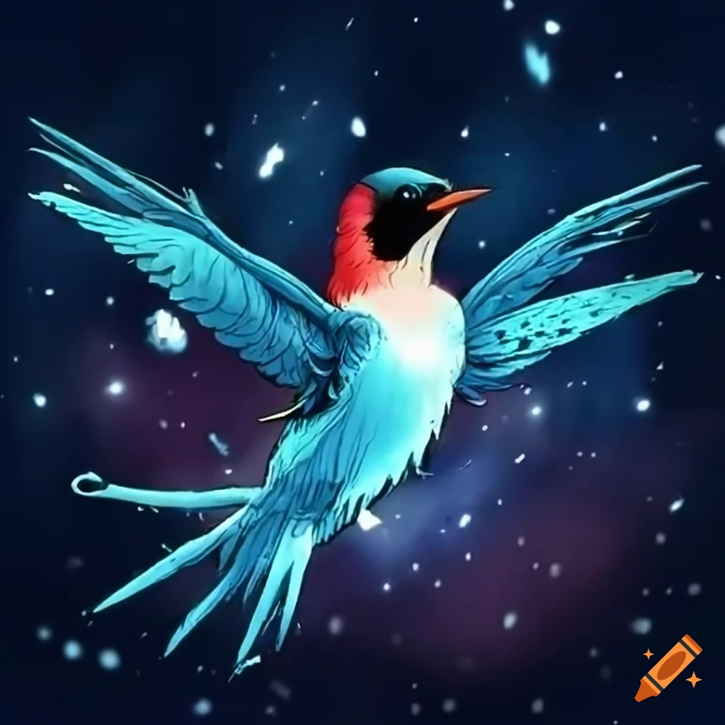 anime style artwork of a colorful swallow bird in a snowstorm