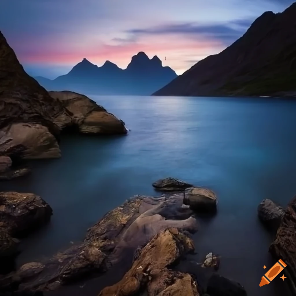 coastline with a towering mountain in the distance