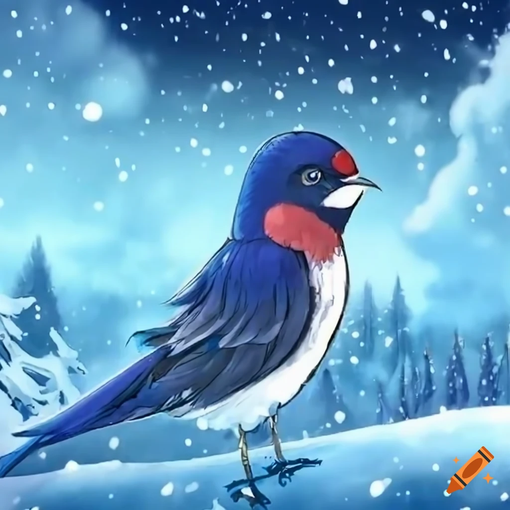 anime-style illustration of a swallow bird in a snowstorm
