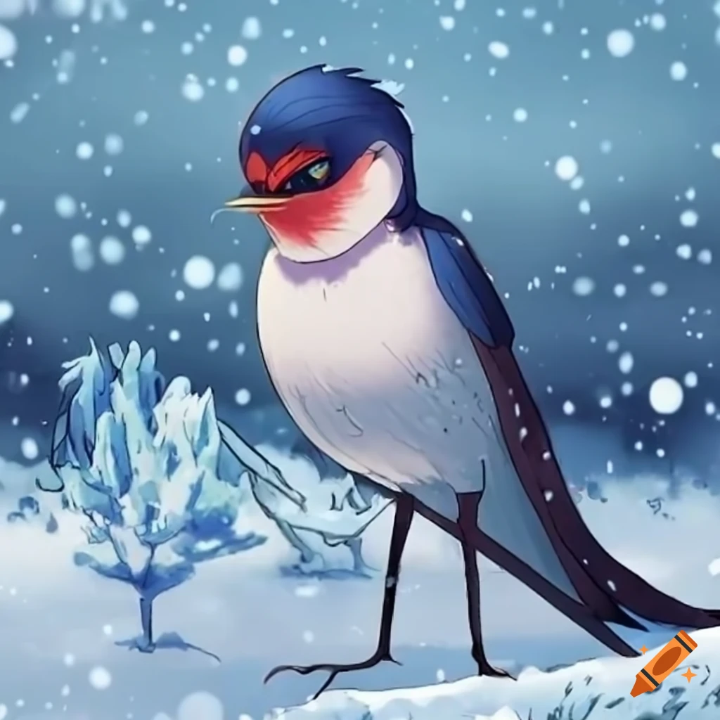 anime-style illustration of a swallow bird in a snowstorm