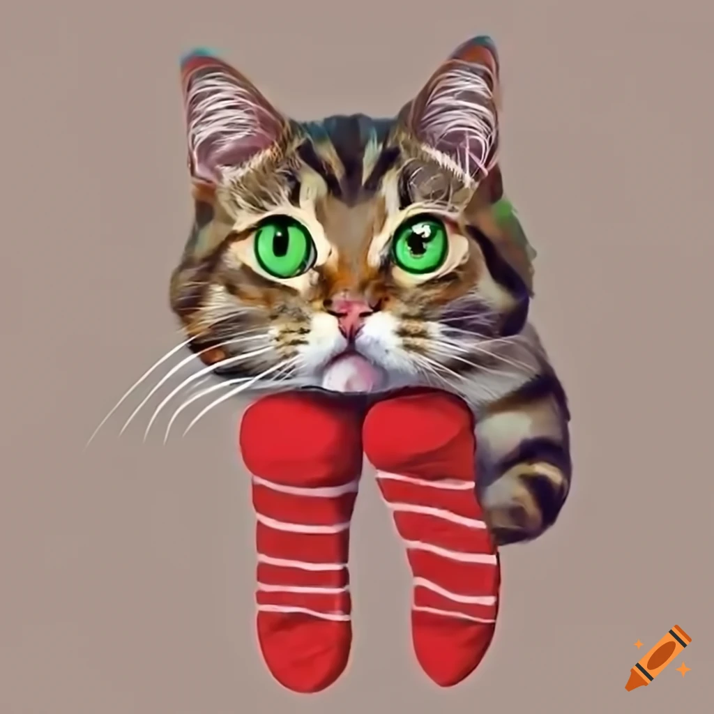Confused tabby cat wearing red socks