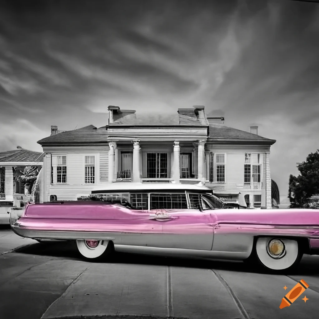 photograph of Graceland mansion with Elvis' Pink Cadillac