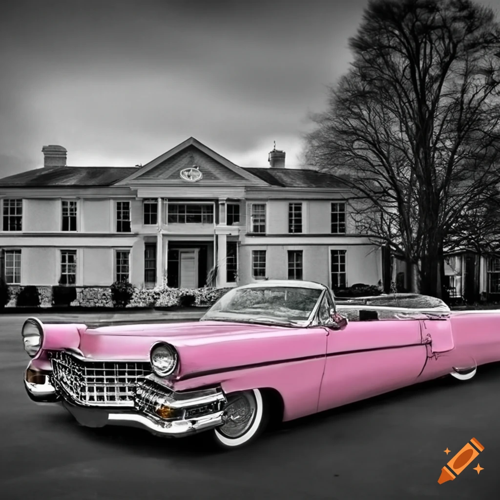 black and white photo of Graceland mansion with Elvis' Pink Cadillac