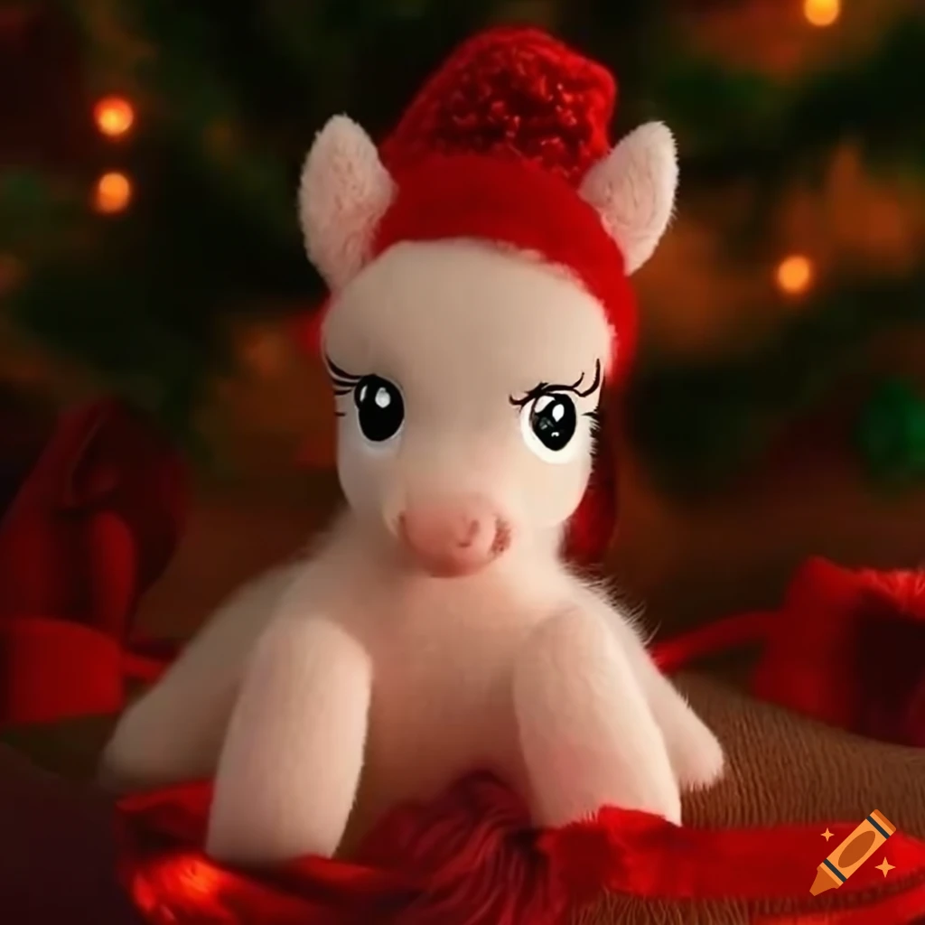 a cute Christmas-themed fluffy pony by the fireplace