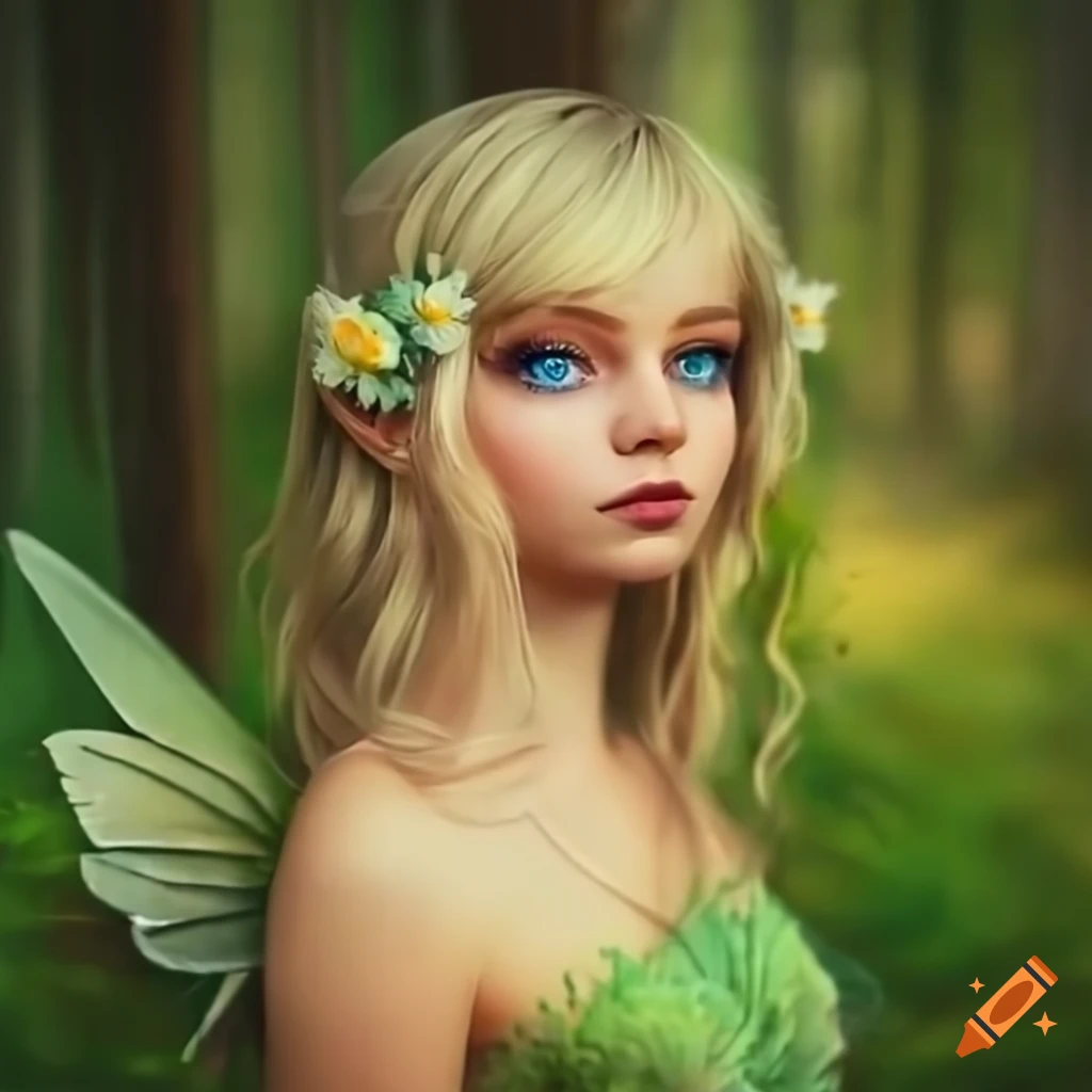 Beautiful female pixie fairy in a lush flower forest