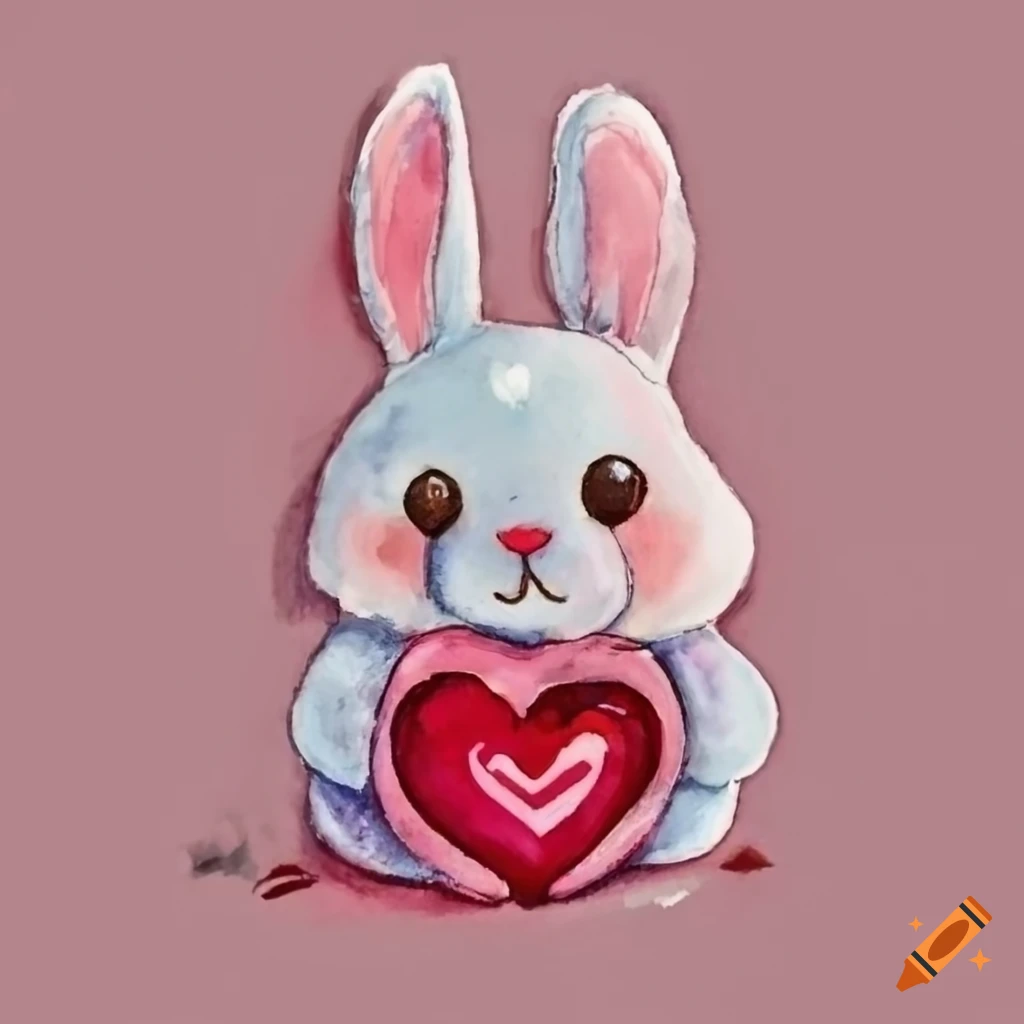 watercolor of a bunny plushie for Valentine's Day