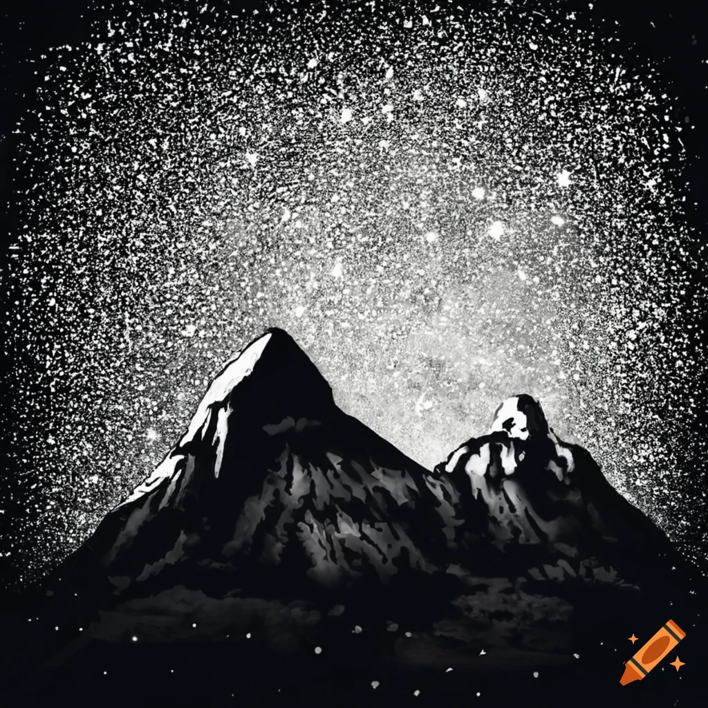 black and white street art of a mountain under starry night
