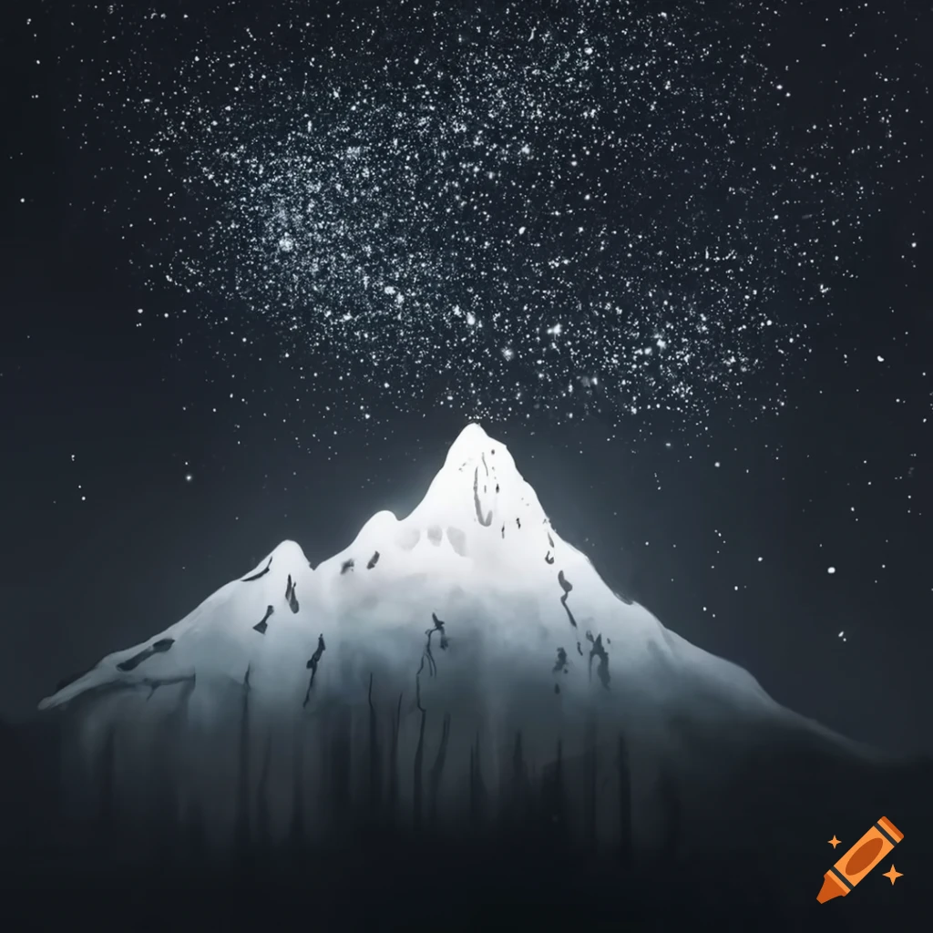 black and white street art of a mountain under starry night