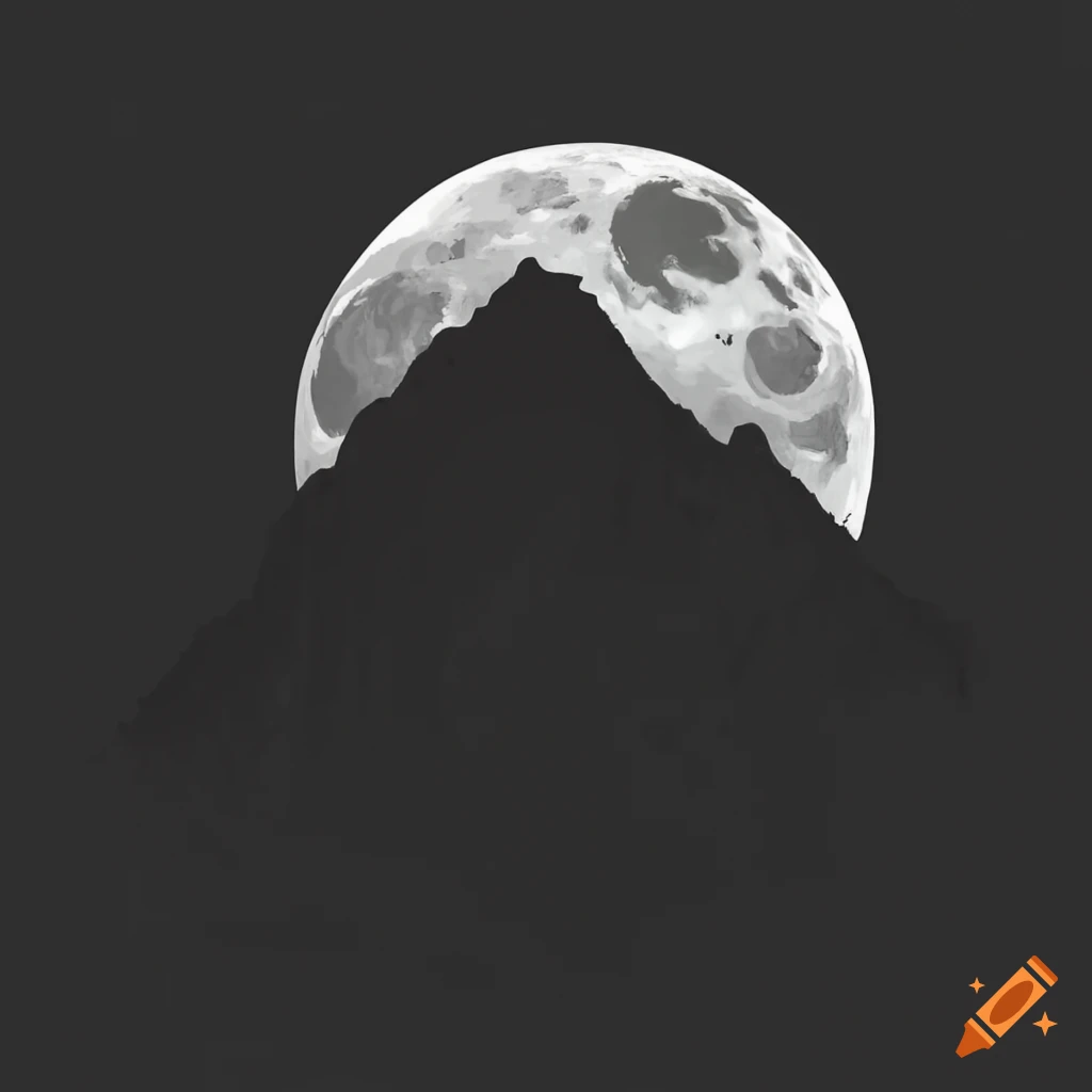 black and white artwork of a mountain under a full moon
