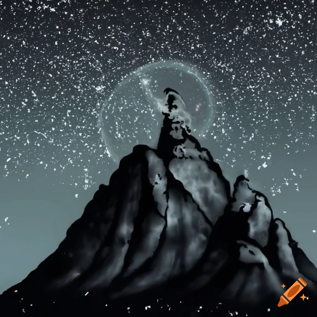 black and white street art of a mountain under starry night