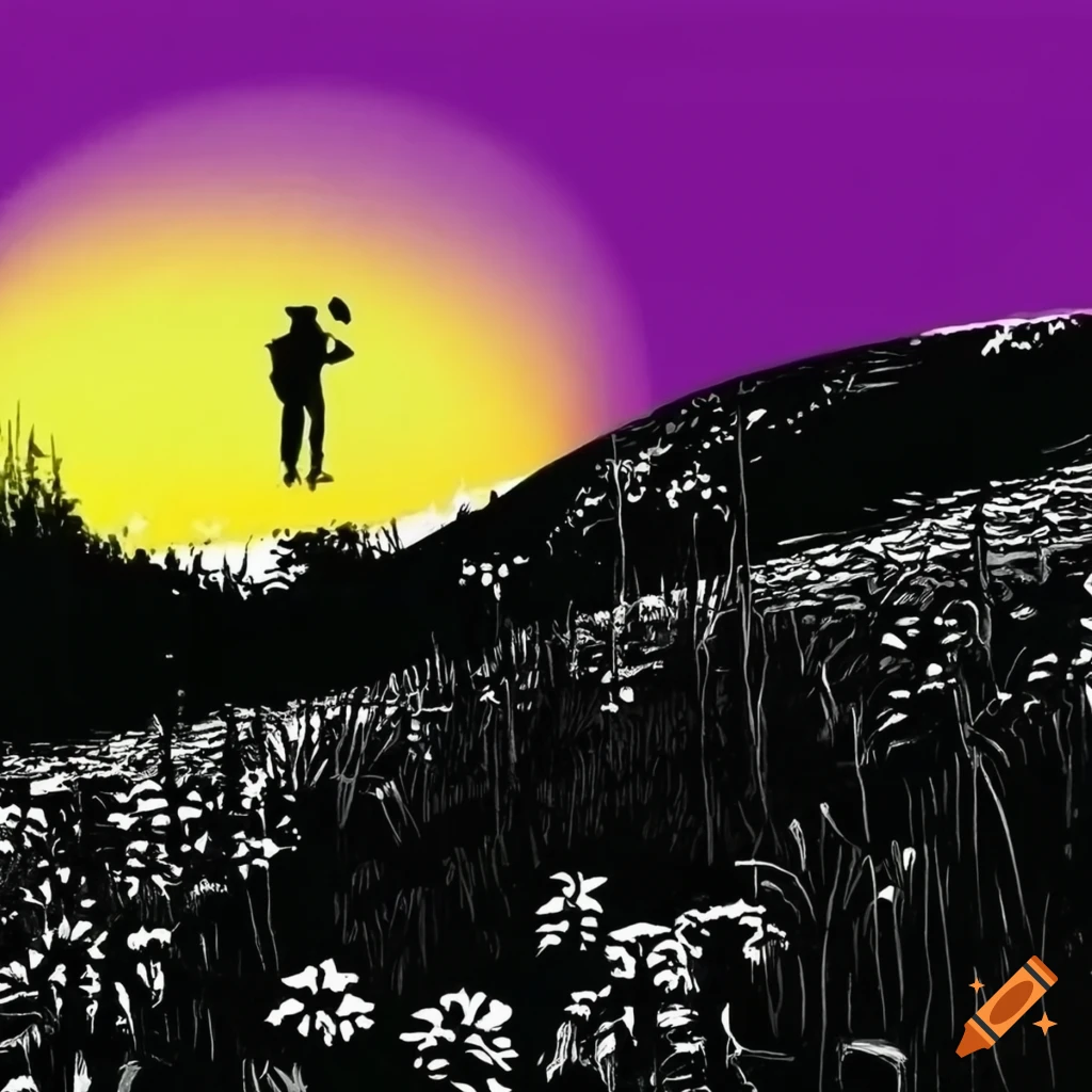black and white meadow landscape in banksy style