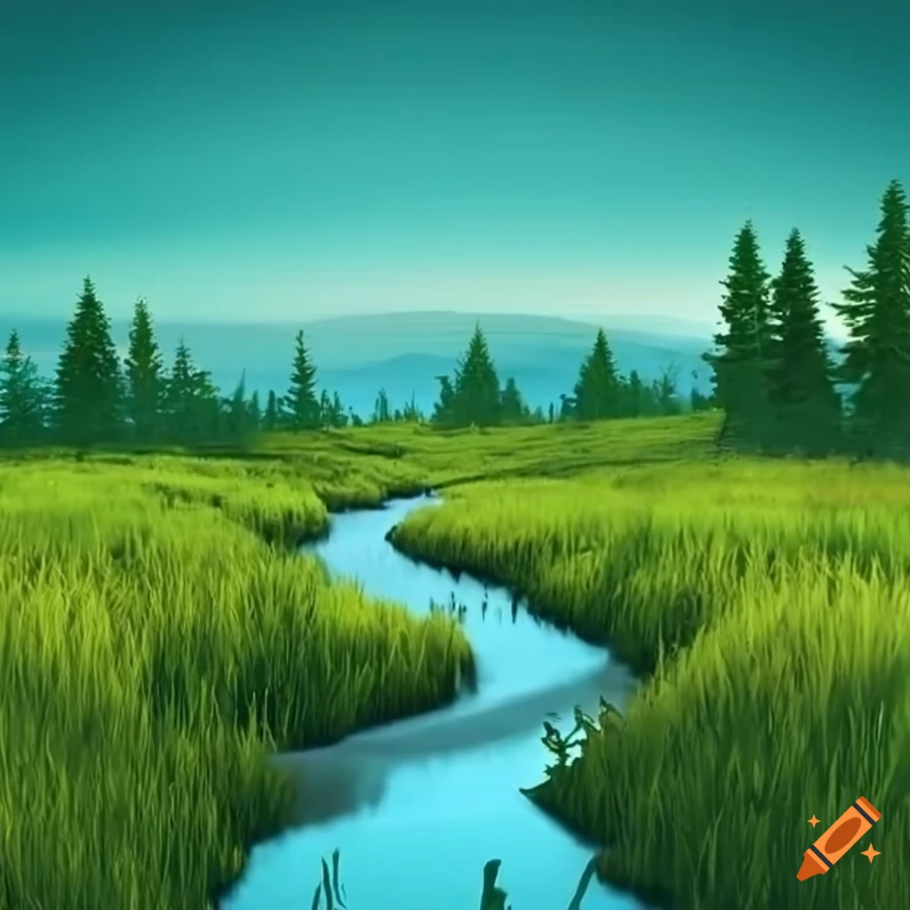 banner featuring simulated grasslands with a river