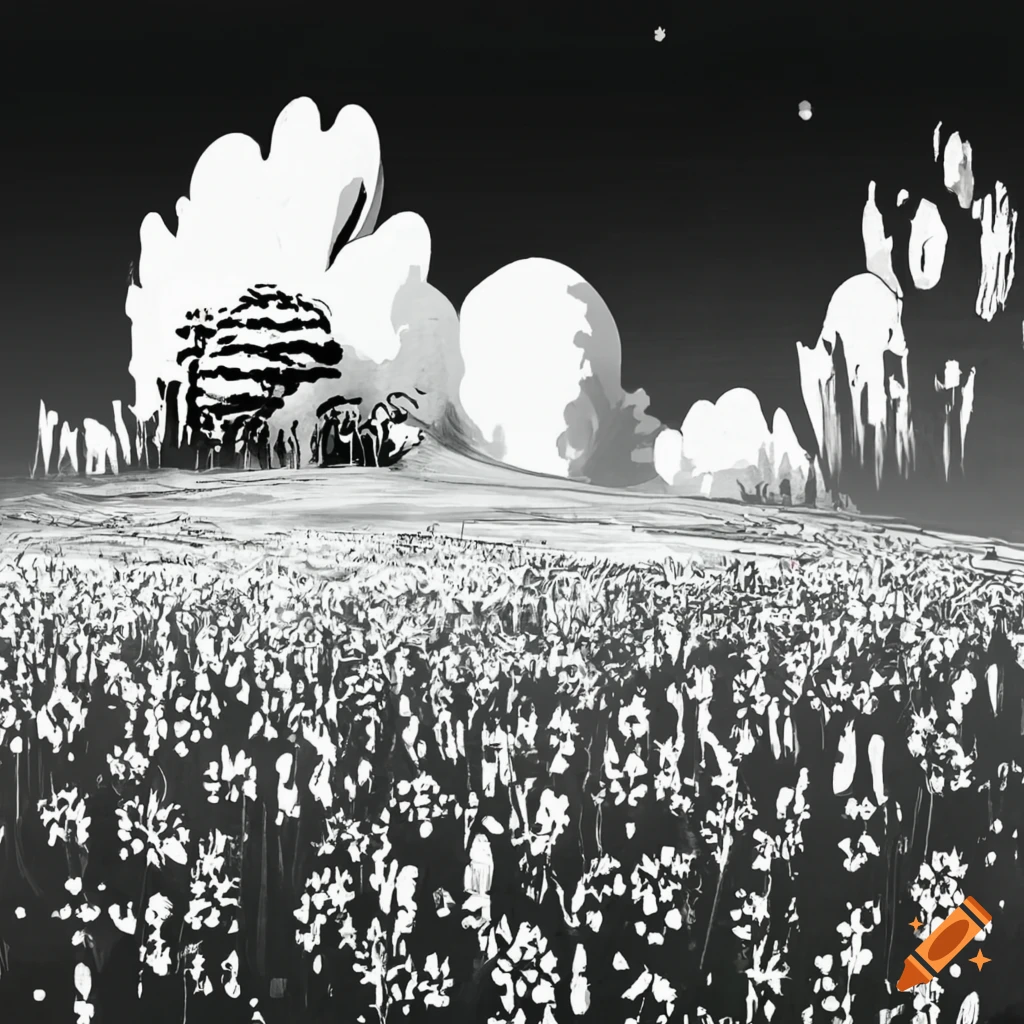 black and white meadow landscape in banksy style