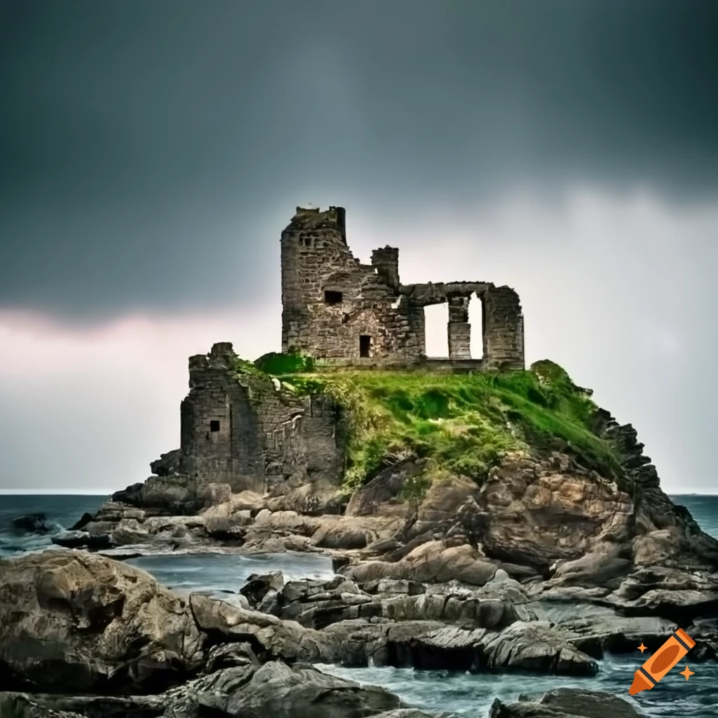 Ruins of a castle on a rocky coast during a thunderstorm on Craiyon
