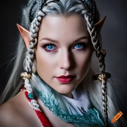 Photo of an elf woman with white hair and two-colored eyes on Craiyon