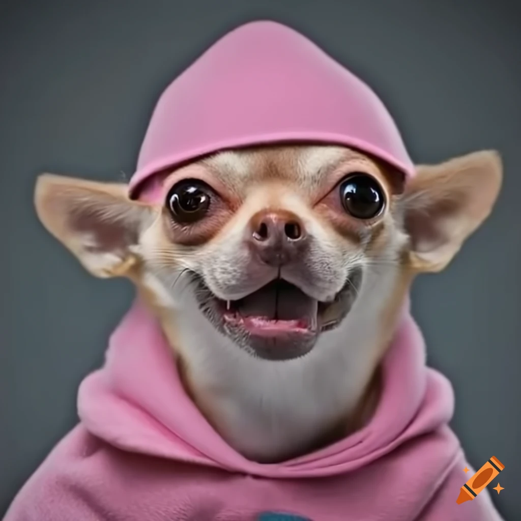 chihuahua with Down syndrome wearing pink hoodie and hat