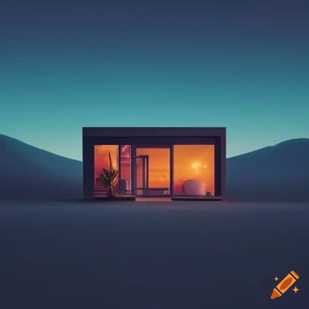 Linear house in endless field with nostalgia 70s aesthetic