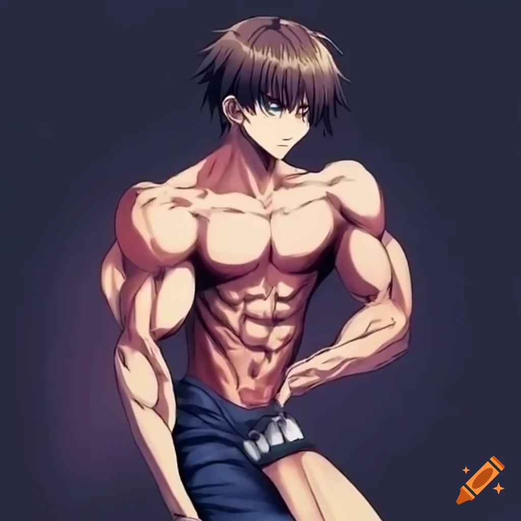 Anime boy bodybuilder stretching with sixpack and wide shoulders