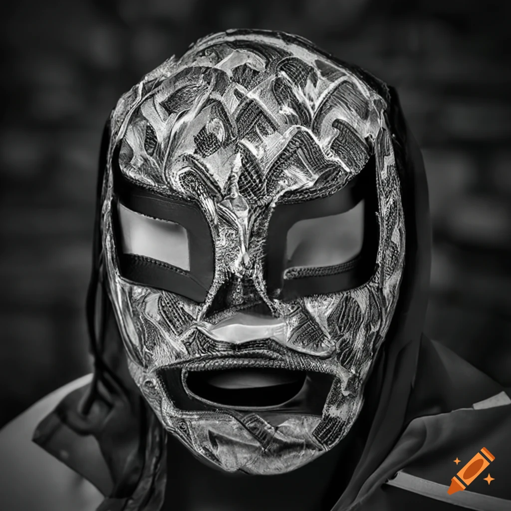 Intricately patterned carbon fiber luchador mask with a gothic twist in black and white
