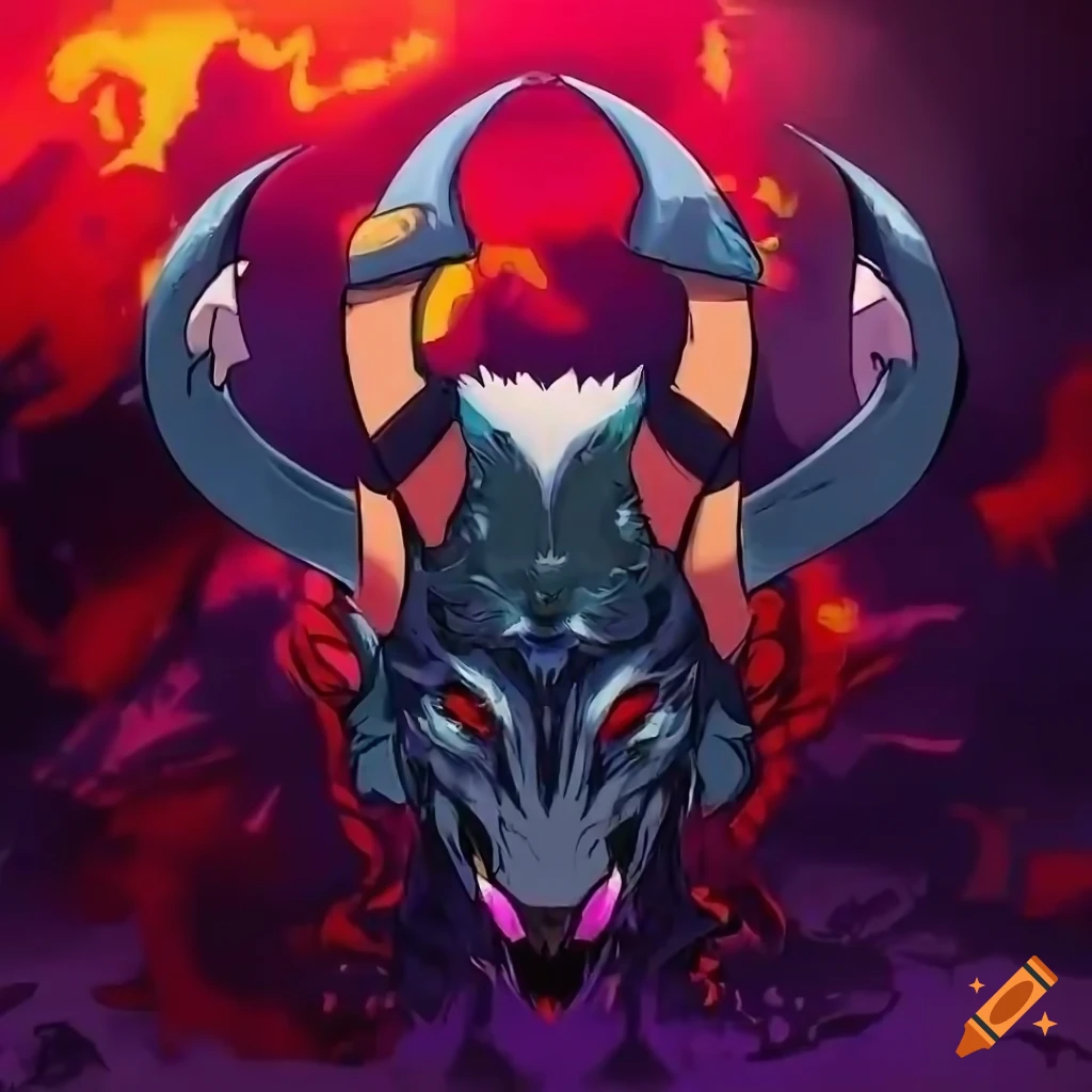 Stylized anime animal hybrid with horns in action-packed fantasy art