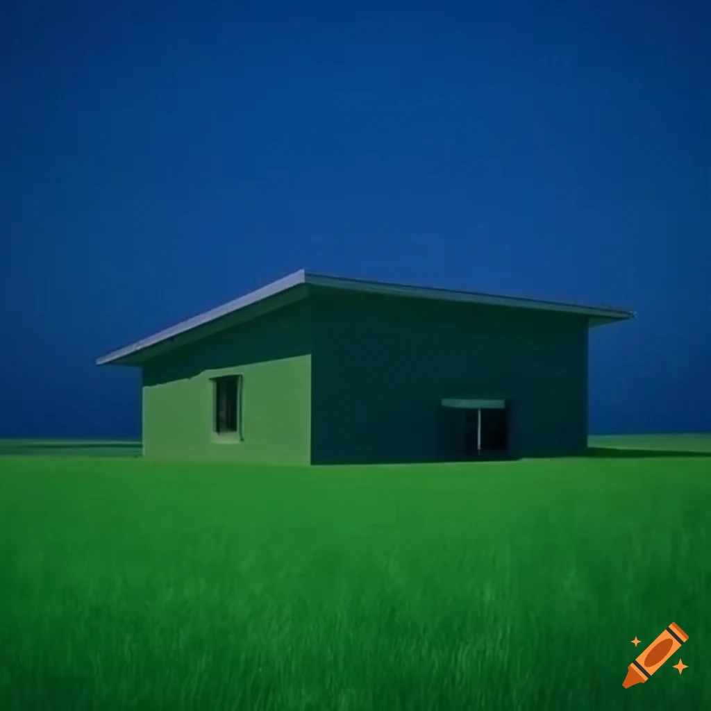 Linear house in endless green field with nostalgic 70s aesthetic