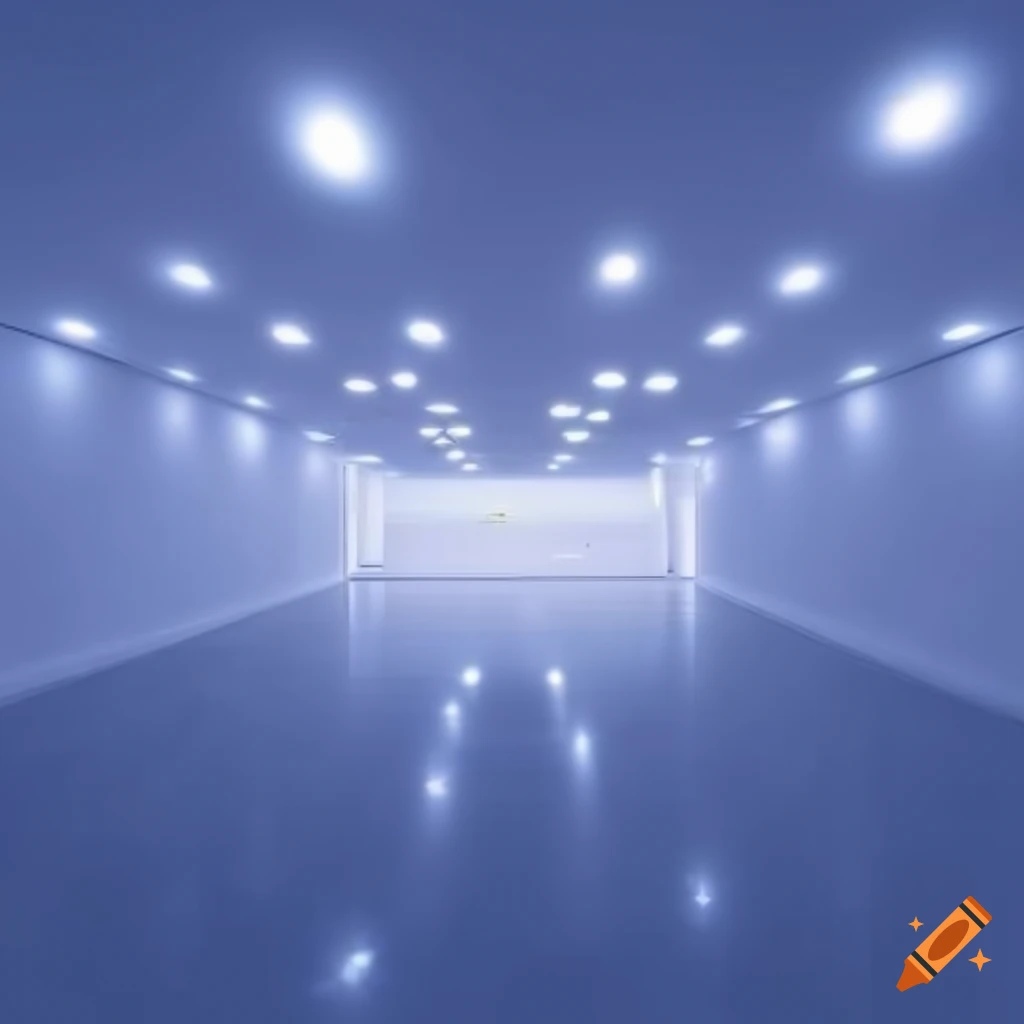White room with smooth walls, ceiling, and floor illuminated with ice-blue lights