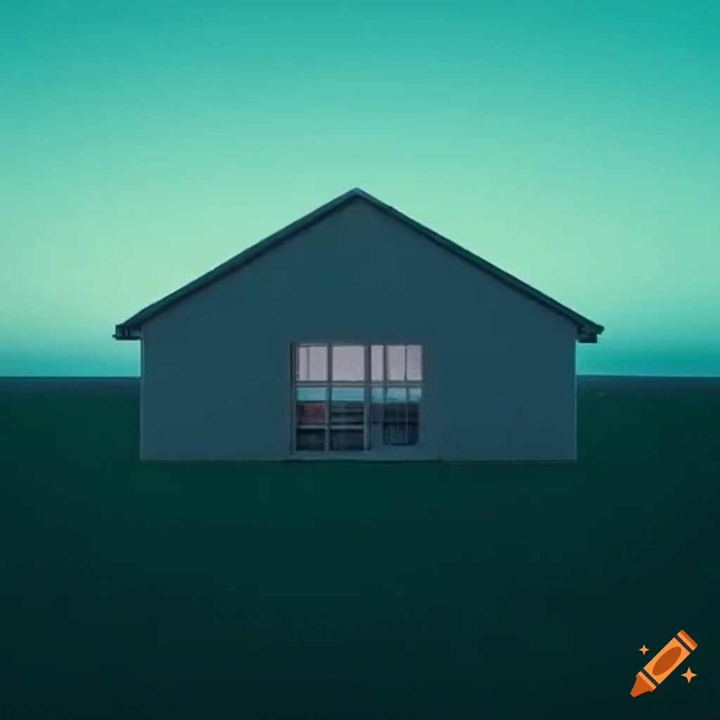 Linear house in endless green field with nostalgic 70s aesthetic