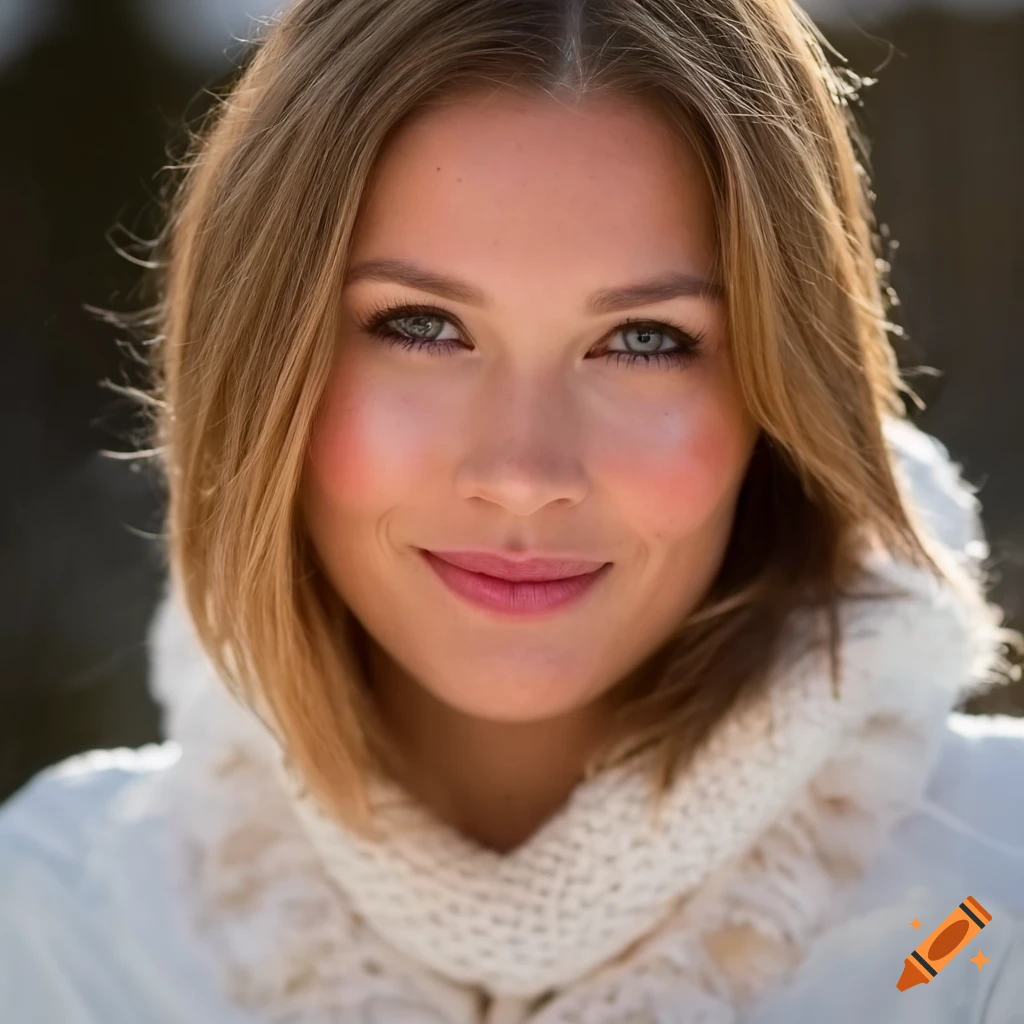 Closeup of woman in winter wonderland with sparkling white clothing on
