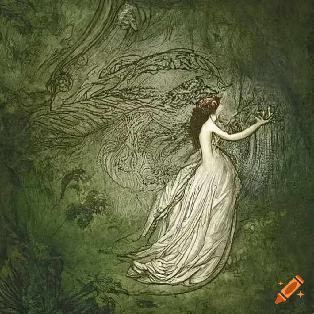 Illustration of Luthien dancing in a lush, foggy environment