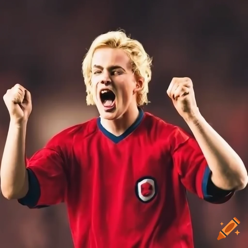Soccer player with blonde hair in red jersey celebrating a goal