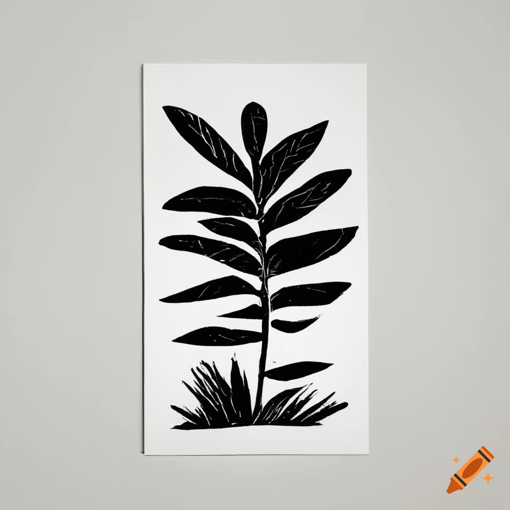 Minimalist black and white linocut print of a plant on Craiyon