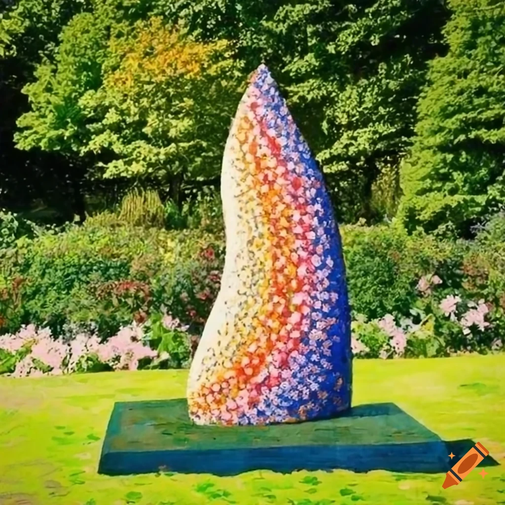 Wooden pointillism sculpture in a flowering garden inspired by Paul Signac