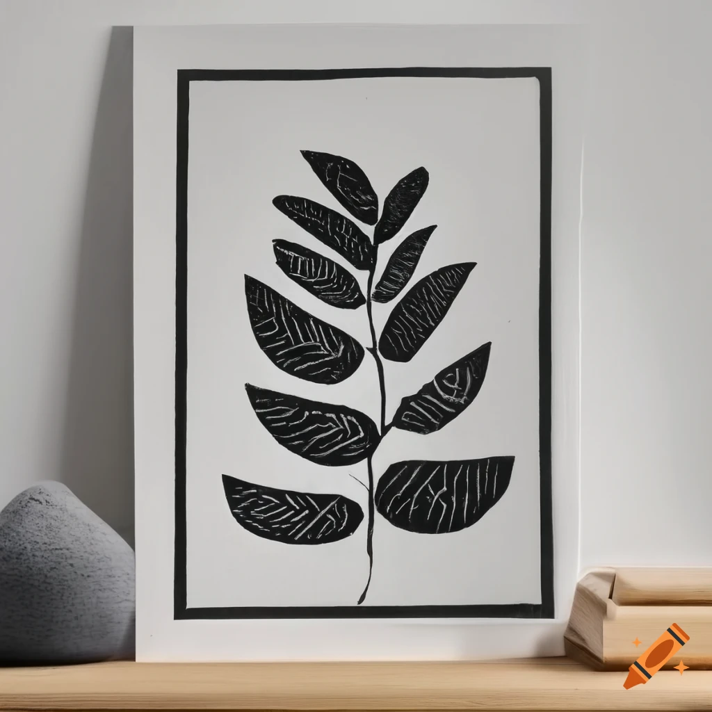 Minimalist black and white linocut print of a plant