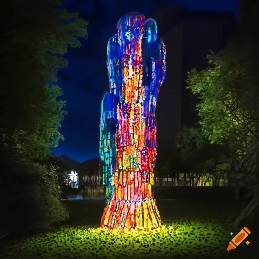 Pointillism lamp sculpture with science fiction themes in a sculpture garden
